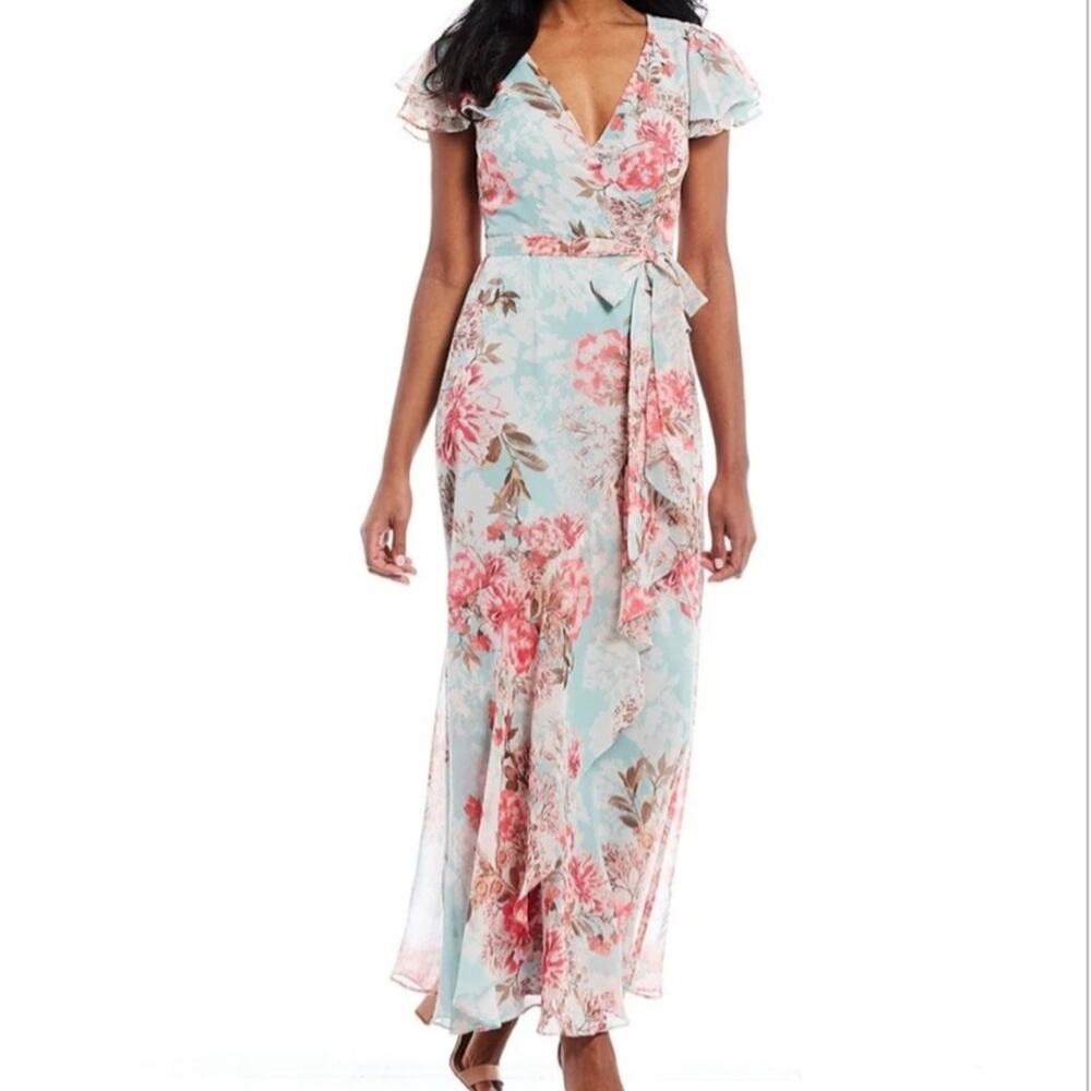 Eliza J Side Ruffle Floral Chiffon Surplice V-Neck Wrap Tie Waist Maxi Dress